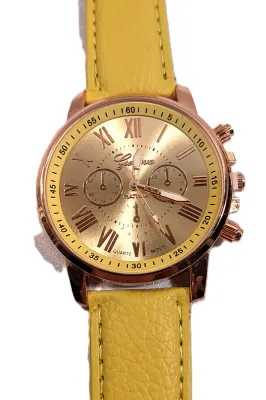 Sale Photo Thumbnail #223: YELLOW Double Dials WATCH + Luminescent Hands-BAND: (Yellow 9" Faux Leather) DIAL: (1½" Yellow, Round, Rose Gold Edge) BRAND: (Geneva) BATTERY: Button 20 mm  *EXTRA BATTERY INCL.*
ALL ITEMS SHIPPED FREE