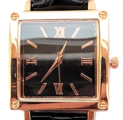 "BLACK & GOLD COLORED SQUARE" WATCH with BAND: (BLACK GLOSSY "PATENT LEATHER" STYLE 9") DIAL: (1" Roman...