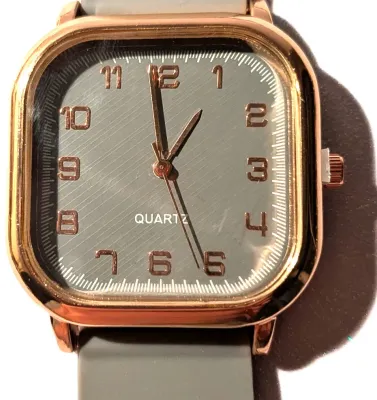 "SQUARE GRAY & GOLD" WATCH with BAND: (GRAY / Rubber 9") DIAL: (1½" Faint Slant Lines + Rose Gold Surround,...