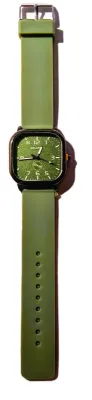 "SQUARE GREEN" WATCH with BAND: (GREEN / Rubber 9") DIAL: (1¼" Luminescent Hands, Black Surround, SQUARE) BRAND:...