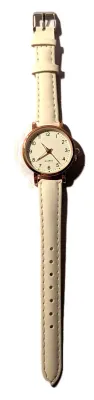 "UNADORNED SIMPLICITY DIAL" WATCH with BAND: (WHITE, Faux Leather-Style) DIAL: (1" Luminescent Hands, WHITE with Rose Gold...