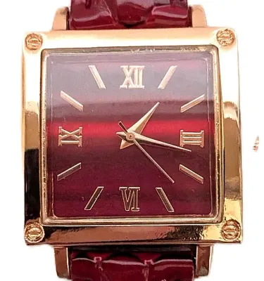 "RED & GOLD COLORED SQUARE" WATCH with BAND: (RED GLOSSY "PATENT LEATHER" STYLE 9") DIAL: (1" Roman...