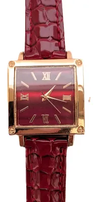 "RED & GOLD COLORED SQUARE" WATCH with BAND: (RED GLOSSY "PATENT LEATHER" STYLE 9") DIAL: (1" Roman...
