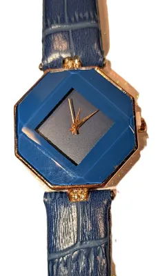 Sale Photo Thumbnail #156: "TILTED SQUARE ON  BLUE HEXAGON" WATCH with BAND: (Blue / Faux Leather 8¾") DIAL: (1¼"  Blue + Purple + HEXAGON) BATTERY: Button 20 mm  *EXTRA BATTERY INCL.*
ALL ITEMS SHIPPED FREE