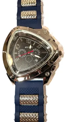 Sale Photo Thumbnail #136: BLACK Triple Dial Inserts WATCH with BAND: (Deep Blue/Metal Accents 10") DIAL: (2"  Black + TRIANGLE) BRAND: (MSCXDK) BATTERY: Button 20 mm  *EXTRA BATTERY INCL.*