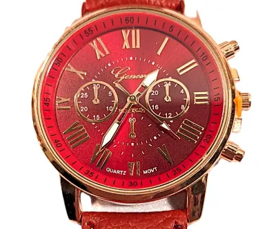 Sale Photo Thumbnail #133: RED Double Dials WATCH + Luminescent Hands-BAND: (Red 9" Faux Leather) DIAL: (1½" Red, Round, Rose Gold Edge) BRAND: (Geneva) BATTERY: Button 20 mm  *EXTRA BATTERY INCL.*
ALL ITEMS SHIPPED FREE