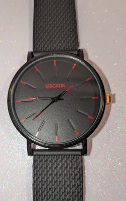 Classic Black WATCH with DIAL (1½", RED Minute Lines, Round + Black Frame) BAND: (Black 9½" Rubber) BRAND: (MSCXDK) BATTERY:...