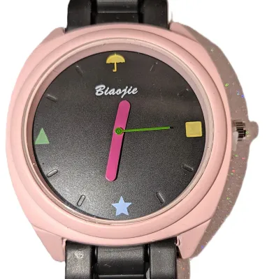 Sale Photo Thumbnail #240: PINK & BLACK WATCH with BAND: (Black with "Rolls" / Rubber 9") DIAL: (1½"  Pink Hour Hands, Black with Pink Surround  + ROUND) BATTERY: Button 20 mm  *EXTRA BATTERY INCL.*
ALL ITEMS SHIPPED FREE