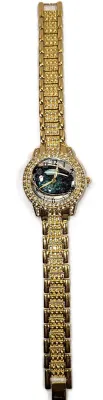 Sale Photo Thumbnail #183: Gold Colored VERY JEWELED BAND + DIAL "Celestial Green" WATCH with BAND: (Gold Tone, Clear Stones Segments 8") DIAL: (1¼" Gold Tone with Jeweled Surround + Round) BATTERY: Button 20 mm  *EXTRA BATTERY INCL.*
ALL ITEMS SHIPPED FREE