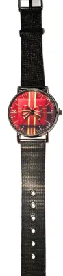 "RED RIBBON GIFT BOX" WATCH with BAND: (Flexible Metal "MESH" BLACK Tone 9") DIAL: (1½" Red Ribbon + ROUND)...