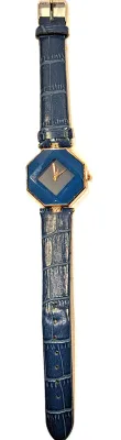 Sale Photo Thumbnail #158: "TILTED SQUARE ON  BLUE HEXAGON" WATCH with BAND: (Blue / Faux Leather 8¾") DIAL: (1¼"  Blue + Purple + HEXAGON) BATTERY: Button 20 mm  *EXTRA BATTERY INCL.*
ALL ITEMS SHIPPED FREE