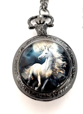 Sale Photo Thumbnail #89: "DASHING WHITE HORSE" POCKET WATCH with Black Chain (30" L . Chain/Lobster Clasp) and BLACK Tone Case & Setting**EXTRA BATTERY INCLUDED**

Dial: Analog
Opening: Top-Push Knob
ALL ITEMS SHIPPED FREE