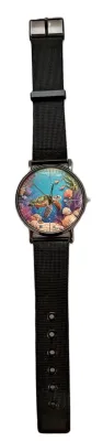 "SEA TURTLE with SHELLS" WATCH with BAND: (Flexible Metal "MESH" BLACK Tone 9") DIAL: (1½" Turtle + ROUND)...