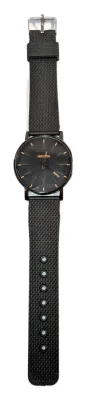 Classic Black WATCH with DIAL (1½", ORANGE Minute Lines, Round + Black Frame) BAND: (Black 9½" Rubber) BRAND: (MSCXDK) BATTERY:...