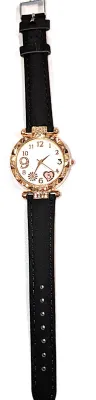 GLITTERY *9* LOVE *PINK 5* HEART* WATCH with BAND: (Black/Faux Leather 8¾") DIAL: (1¼" WHITE, Jeweled Rose Gold Beveled...