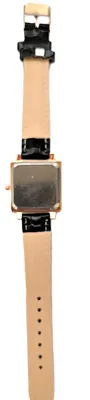 "BLACK & GOLD COLORED SQUARE" WATCH with BAND: (BLACK GLOSSY "PATENT LEATHER" STYLE 9") DIAL: (1" Roman...
