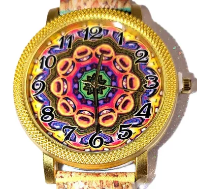 Sale Photo Thumbnail #232: "YELLOW, PINK & PURPLE SWIRLS" WATCH with BAND: (Multicolor STRIPED / Faux Leather 9") DIAL: (1½"  Graphic Design with Gold Color Surround  + ROUND) BATTERY: Button 20 mm  *EXTRA BATTERY INCL.*
ALL ITEMS SHIPPED FREE