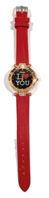 GLITTERY *I LOVE YOU* RED HEART WATCH with BAND: (RED/Rubber 8¾") DIAL: (1¼" BLACK, Jeweled Rose Gold Beveled Surround + ROUND)...