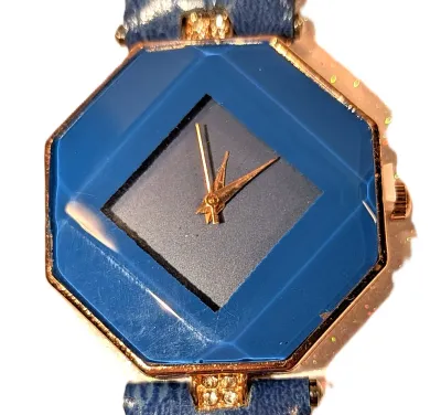Sale Photo Thumbnail #157: "TILTED SQUARE ON  BLUE HEXAGON" WATCH with BAND: (Blue / Faux Leather 8¾") DIAL: (1¼"  Blue + Purple + HEXAGON) BATTERY: Button 20 mm  *EXTRA BATTERY INCL.*
ALL ITEMS SHIPPED FREE
