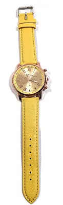 Sale Photo Thumbnail #225: YELLOW Double Dials WATCH + Luminescent Hands-BAND: (Yellow 9" Faux Leather) DIAL: (1½" Yellow, Round, Rose Gold Edge) BRAND: (Geneva) BATTERY: Button 20 mm  *EXTRA BATTERY INCL.*
ALL ITEMS SHIPPED FREE
