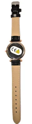 GLITTERY *9* LOVE *PINK 5* HEART* WATCH with BAND: (BLACK/Faux Leather 8¾") DIAL: (1¼" BLACK, Jeweled Rose Gold Beveled...
