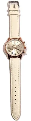 Sale Photo Thumbnail #111: WHITE Double Dials WATCH + Luminescent Hands-BAND: (White 9" Faux Leather) DIAL: (1½" White, Round, Rose Gold Edge) BRAND: (Geneva) BATTERY: Button 20 mm  *EXTRA BATTERY INCL.*
ALL ITEMS SHIPPED FREE