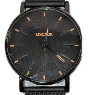 Classic Black WATCH with DIAL (1½", ORANGE Minute Lines, Round + Black Frame) BAND: (Black 9½" Rubber) BRAND: (MSCXDK) BATTERY:...
