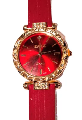 RED GLOSSY (Model 1295) WATCH with BAND: (RED/Rubber 8¾") DIAL: (1¼" RED, Jeweled Rose Gold Beveled Surround + ROUND) BRAND:...