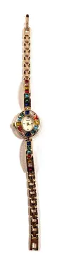 Sale Photo Thumbnail #116: MULTICOLOR JEWELED OVAL WATCH with BAND: (Jeweled, Gold Color 7" Snap-Over Clasp) DIAL: (¼" Jeweled, White + Oval) BATTERY: Button 20 mm  *EXTRA BATTERY INCL.*
ALL ITEMS SHIPPED FREE