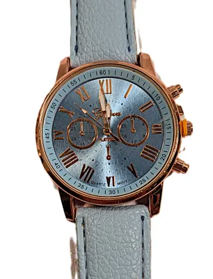Sale Photo Thumbnail #218: LIGHHT BLUE Double Dials WATCH + Luminescent Hands-BAND: (Light Blue 9" Faux Leather) DIAL: (1½" Blue, Round, Rose Gold Edge) BRAND: (Geneva) BATTERY: Button 20 mm  *EXTRA BATTERY INCL.*
ALL ITEMS SHIPPED FREE