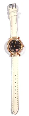 GLITTERY *9* LOVE *PINK 5* HEART* WATCH with BAND: (WHITE/Faux Leather 8¾") DIAL: (1¼" BLACK, Jeweled Rose Gold Beveled...