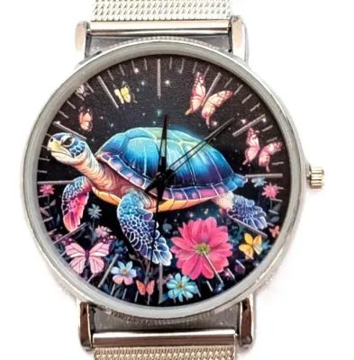 "BLUE TURTLE with BUTTERFLIES" WATCH with BAND: (Flexible Metal "MESH" Silver Tone 9") DIAL: (1½" Turtle +...
