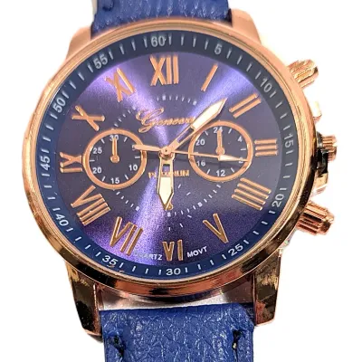 Sale Photo Thumbnail #76: DARK BLUE Double Dials WATCH + Luminescent Hands-BAND: (Dark Blue 9" Faux Leather) DIAL: (1½" Dark Blue, Round, Rose Gold Edge) BRAND: (Geneva) BATTERY: Button 20 mm  *EXTRA BATTERY INCL.*
ALL ITEMS SHIPPED FREE