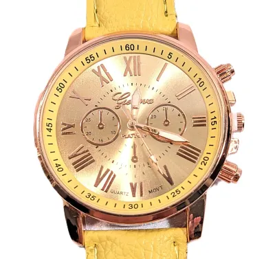 Sale Photo Thumbnail #224: YELLOW Double Dials WATCH + Luminescent Hands-BAND: (Yellow 9" Faux Leather) DIAL: (1½" Yellow, Round, Rose Gold Edge) BRAND: (Geneva) BATTERY: Button 20 mm  *EXTRA BATTERY INCL.*
ALL ITEMS SHIPPED FREE