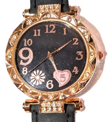 GLITTERY *9* LOVE *PINK 5* HEART* WATCH with BAND: (BLACK/Faux Leather 8¾") DIAL: (1¼" BLACK, Jeweled Rose Gold Beveled...
