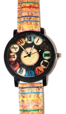 "ROMAN NUMERALS STYLE" WATCH with BAND: (Multicolor STRIPED / Faux Leather 9") DIAL: (1½" Colorful Numbers + ROUND)...