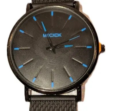 Classic Black WATCH with DIAL (1½", BLUE Minute Lines, Round + Black Frame) BAND: (Black 9½" Rubber) BRAND: (MSCXDK) BATTERY:...