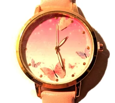"PINK & WHITE BUTTERFLIES" WATCH with BAND: (PINK / Faux Leather 9") DIAL: (1½" Pink & White +Rose Gold...