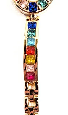 Sale Photo Thumbnail #115: MULTICOLOR JEWELED OVAL WATCH with BAND: (Jeweled, Gold Color 7" Snap-Over Clasp) DIAL: (¼" Jeweled, White + Oval) BATTERY: Button 20 mm  *EXTRA BATTERY INCL.*
ALL ITEMS SHIPPED FREE