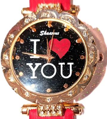 GLITTERY *I LOVE YOU* RED HEART WATCH with BAND: (RED/Rubber 8¾") DIAL: (1¼" BLACK, Jeweled Rose Gold Beveled Surround + ROUND)...