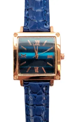 "BLUE & GOLD COLORED SQUARE" WATCH with BAND: (BLUE GLOSSY "PATENT LEATHER" STYLE 9") DIAL: (1" Roman...