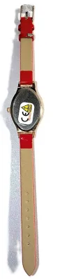 Sale Photo Thumbnail #175: Interesting "MOVEABLE" SPLIT OBLONG RED WATCH with BAND: (Red, THIN Glossy Faux Leather 8½") DIAL: (1"  Half Red + Half Rose Gold with "MOVING CRYSTALS" + OBLONG) BATTERY: Button 20 mm  *EXTRA BATTERY INCL.*