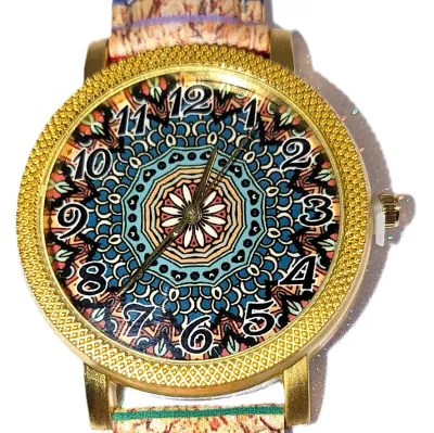 Sale Photo Thumbnail #236: "GREEN & BEIGE CURLS" WATCH with BAND: (Multicolor STRIPED / Faux Leather 9") DIAL: (1½"  Graphic Design with Gold Color Surround  + ROUND) BATTERY: Button 20 mm  *EXTRA BATTERY INCL.*
ALL ITEMS SHIPPED FREE