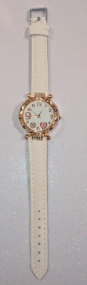 GLITTERY *9* LOVE *PINK 5* HEART* WATCH with BAND: (WHITE/Faux Leather 8¾") DIAL: (1¼" WHITE, Jeweled Rose Gold Beveled...