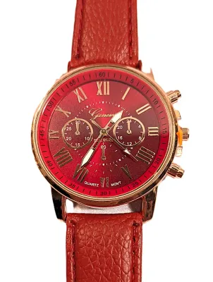 Sale Photo Thumbnail #132: RED Double Dials WATCH + Luminescent Hands-BAND: (Red 9" Faux Leather) DIAL: (1½" Red, Round, Rose Gold Edge) BRAND: (Geneva) BATTERY: Button 20 mm  *EXTRA BATTERY INCL.*
ALL ITEMS SHIPPED FREE