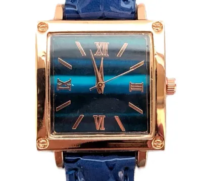 "BLUE & GOLD COLORED SQUARE" WATCH with BAND: (BLUE GLOSSY "PATENT LEATHER" STYLE 9") DIAL: (1" Roman...