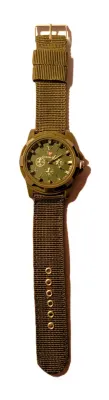 *KHAKI GREEN SPORTS" WATCH with BAND: (GREEN/Canvas 9") DIAL: (1½" Green, Acrylic Surround + ROUND) BRAND: (GEMIUS)...