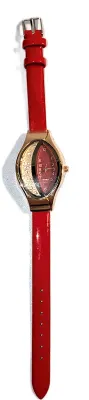 Sale Photo Thumbnail #174: Interesting "MOVEABLE" SPLIT OBLONG RED WATCH with BAND: (Red, THIN Glossy Faux Leather 8½") DIAL: (1"  Half Red + Half Rose Gold with "MOVING CRYSTALS" + OBLONG) BATTERY: Button 20 mm  *EXTRA BATTERY INCL.*
