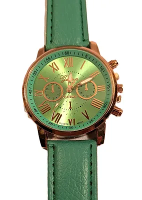 Sale Photo Thumbnail #219: LIGHT GREEN Double Dials WATCH + Luminescent Hands-BAND: (Light Green 9" Faux Leather) DIAL: (1½" Green, Round, Rose Gold Edge) BRAND: (Geneva) BATTERY: Button 20 mm  *EXTRA BATTERY INCL.*
ALL ITEMS SHIPPED FREE