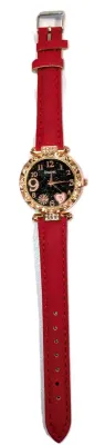 GLITTERY *9* LOVE *PINK 5* HEART* WATCH with BAND: (RED/Faux Leather 8¾") DIAL: (1¼" BLACK, Jeweled Rose Gold Beveled Surround...